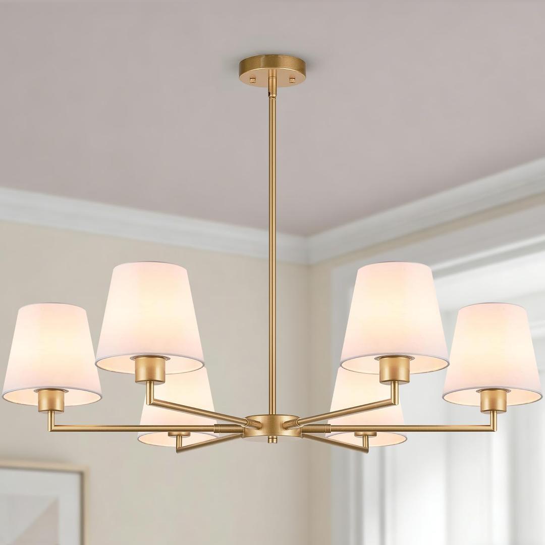 Brass Gold Chandeliers for Dining Room, 36" 6 Light No Assembly Required Antique Modern Gold Chandelier Light Fixture with White Fabric Shade, Classic Kitchen Pendant Lights over Table for Bedroom