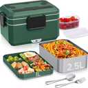 Electric Lunch Box Food Heater: 3.5 Liters Double Layer Heated Lunch Box for Adults, 90W Food Warmer for Car/Truck/Office Use, Ideal for Men, Women, Adults with Fork & Spoon and Insulated Carry Bag (Green)
