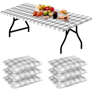 Boao 6 Pcs Plastic Picnic Table Cover 72 x 30 Inch for 8 ft Tables Disposable Waterproof Grey and White Checkered Table Covers with Elastic Fitted for Picnic Camping Birthday Outdoor Party