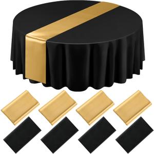 Tudomro 8 Pcs Black and Gold Round Plastic Tablecloth and Satin Table Runner Set 84 Inch Round Covers 12 x 108 Inch Table Runners for Wedding Birthday Party Baby Shower Anniversary (Black, Gold)