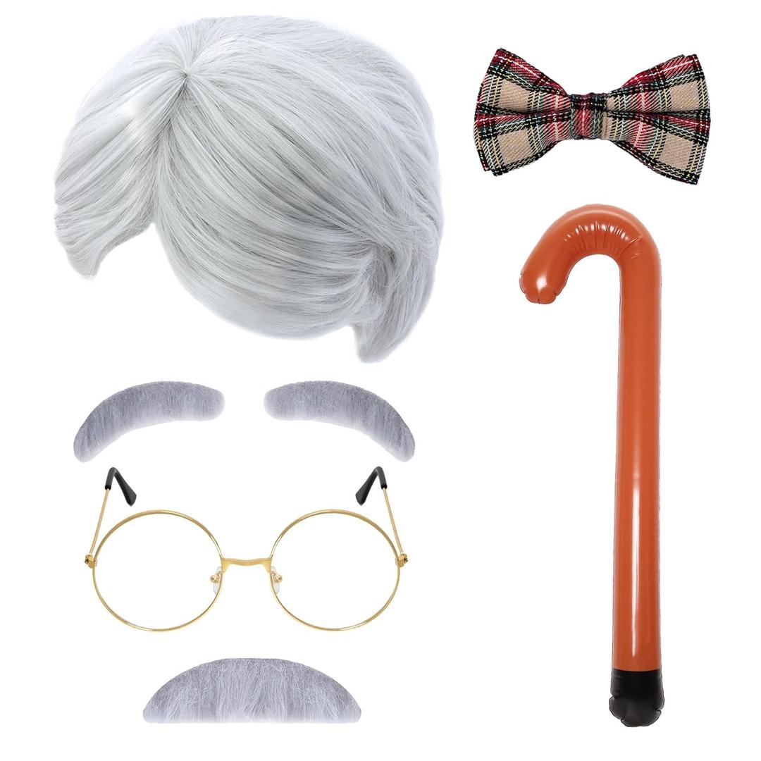 Old Man Wig Costume Kits Grandpa Accessories Cosplay Set 100th Day of School Glasses Inflatable Cane Moustache Eyebrow (Silver)