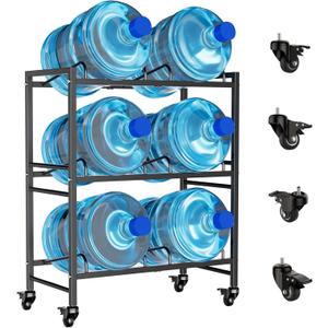 Heavy Duty 3 Tiers Water Rack Double Row with 4 Wheels - Space Saving Dispenser Stand 5 Gallon Water Storage Rack Bottle Jug Holder Organizer/Lockable&Removable Casters/Kitchen Office Garage/6 Slots
