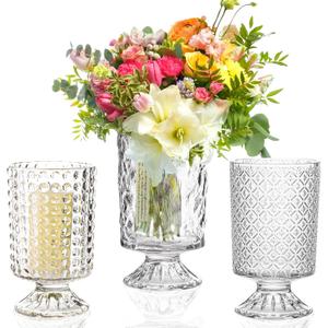 Set of 3 Clear Vases for Flowers, Wide Mouth Glass Vase for Centerpieces, 7'' Tall Embossed Pedestal Vase Cylinder Candle Holder for Table, Wedding, Room Decor