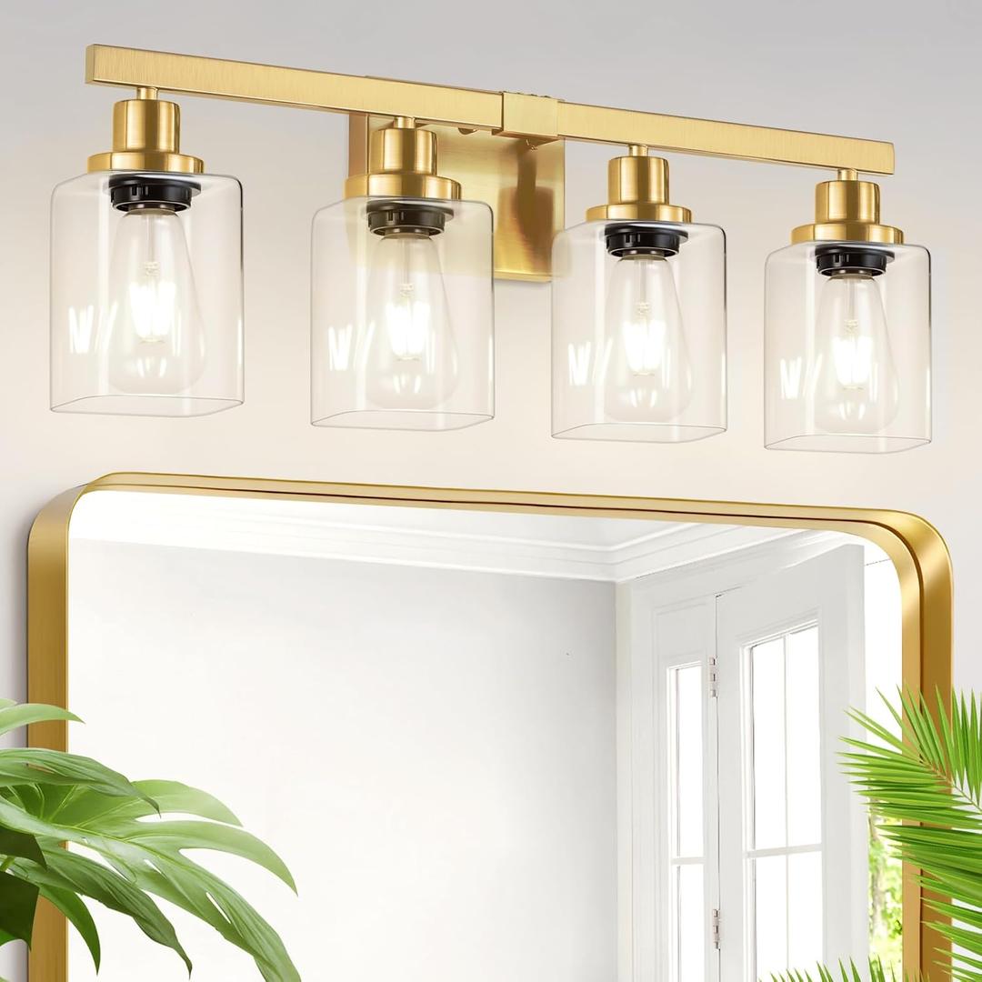 4-Light Gold Vanity Lights, Modern Gold Bathroom Light Fixtures Over Mirror with Square Clear Glass Shade, Bath Wall Mount Lights Wall Lamp for Mirror, Bedroom, Living Room Hallway, Kitchen