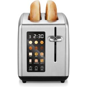 Elite Gourmet 2-Slice Toaster with Digital Countdown, Extra-Wide Slots for Bagels & Thick Bread, One-Touch Presets, Stainless Steel, Defrost/Reheat/Cancel (Gloss Black)