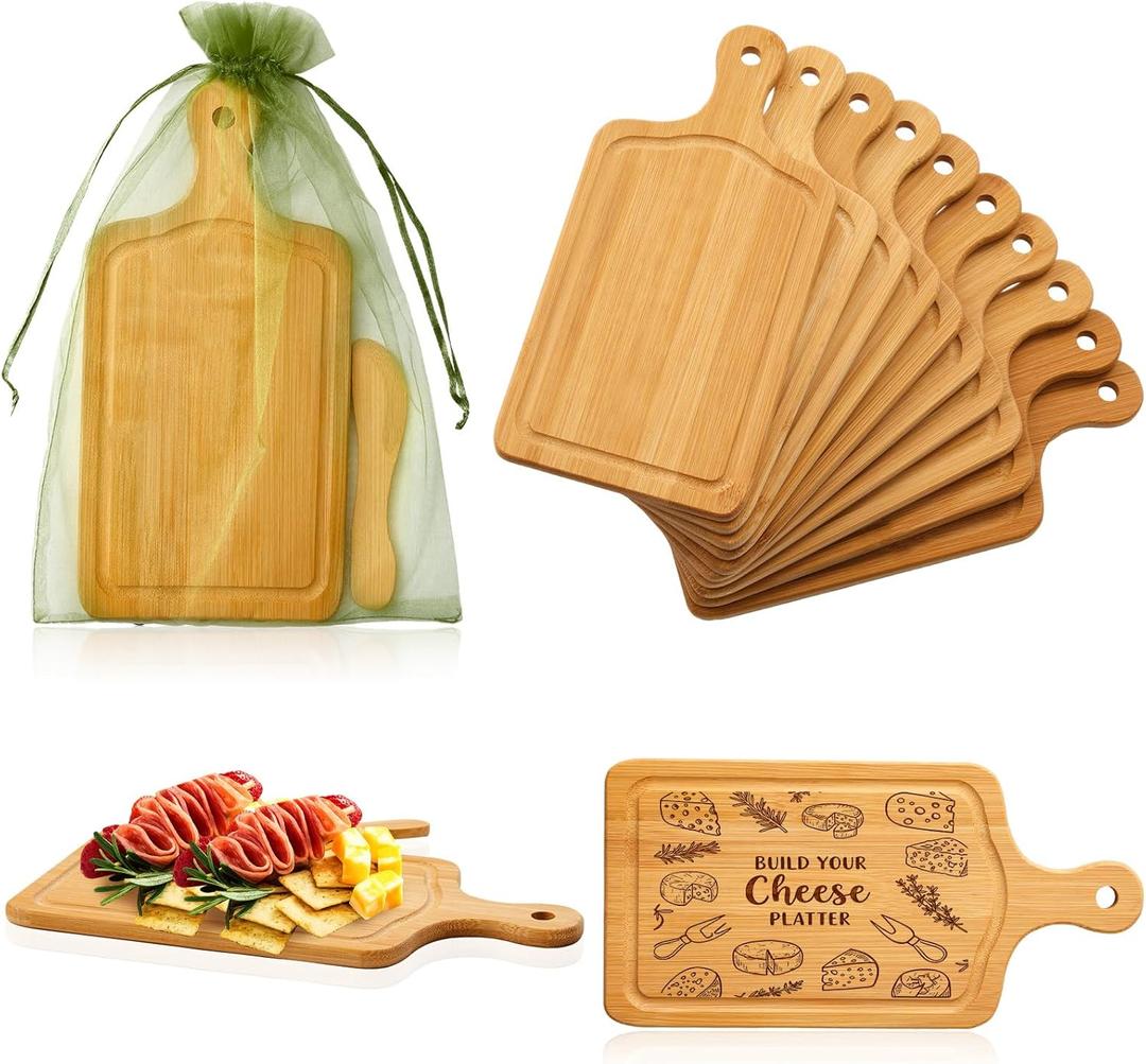 Nuenen 10 Pcs Mini Wooden Charcuterie Board Bulk, Small Wood Cutting Board for Crafts Laser Engraving with Knives Organza Bags Wedding Baby Shower Favors Gift (Square,Bamboo Color)