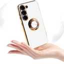 for Samsung Galaxy S23 Case with 1 Screen Protector, Built-in 360 Rotation Ring Holder Magnetic Stand, Luxury Shiny Plating Edge Shockproof Electroplated Protective Phone Cover (White/Golden)