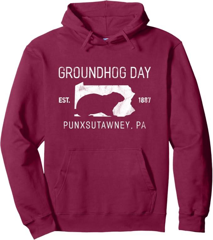 Retro Vintage Groundhog Day Punxsutawney PA Distressed Pullover Hoodie, L