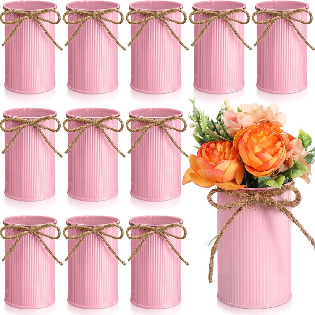 Rustic Vase for Table Centerpieces 4.33 Inch Small Petite Flower Vase with Twine Bow Vintage Farmhouse Decor for Wedding Reception Dining, Home Galvanized Metal Buckets(Pink,12 Pcs)