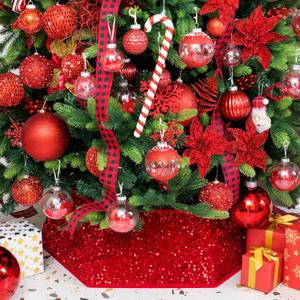XmasExp Christmas Tree Collar, 33.5 inch Sequin Tree Skirt Stand Base Cover for Home Decor, Large Size 6 Piece, Red