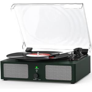 Vinyl Record Player with Built-in Speakers and USB,Belt-Driven Bluetooth Turntable with 3 Speed AUX Input Headphone Jack and RCA Output Vintage Wooden DarkGreen