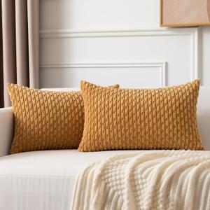 Kevin Textile Decorative Pillow Covers Set of 2 Striped Plush Corduroy Rectangle Lumbars Boho Home Decor Cushion Covers for Couch Sofa Bed Living Room 12x20 Inch, Gol