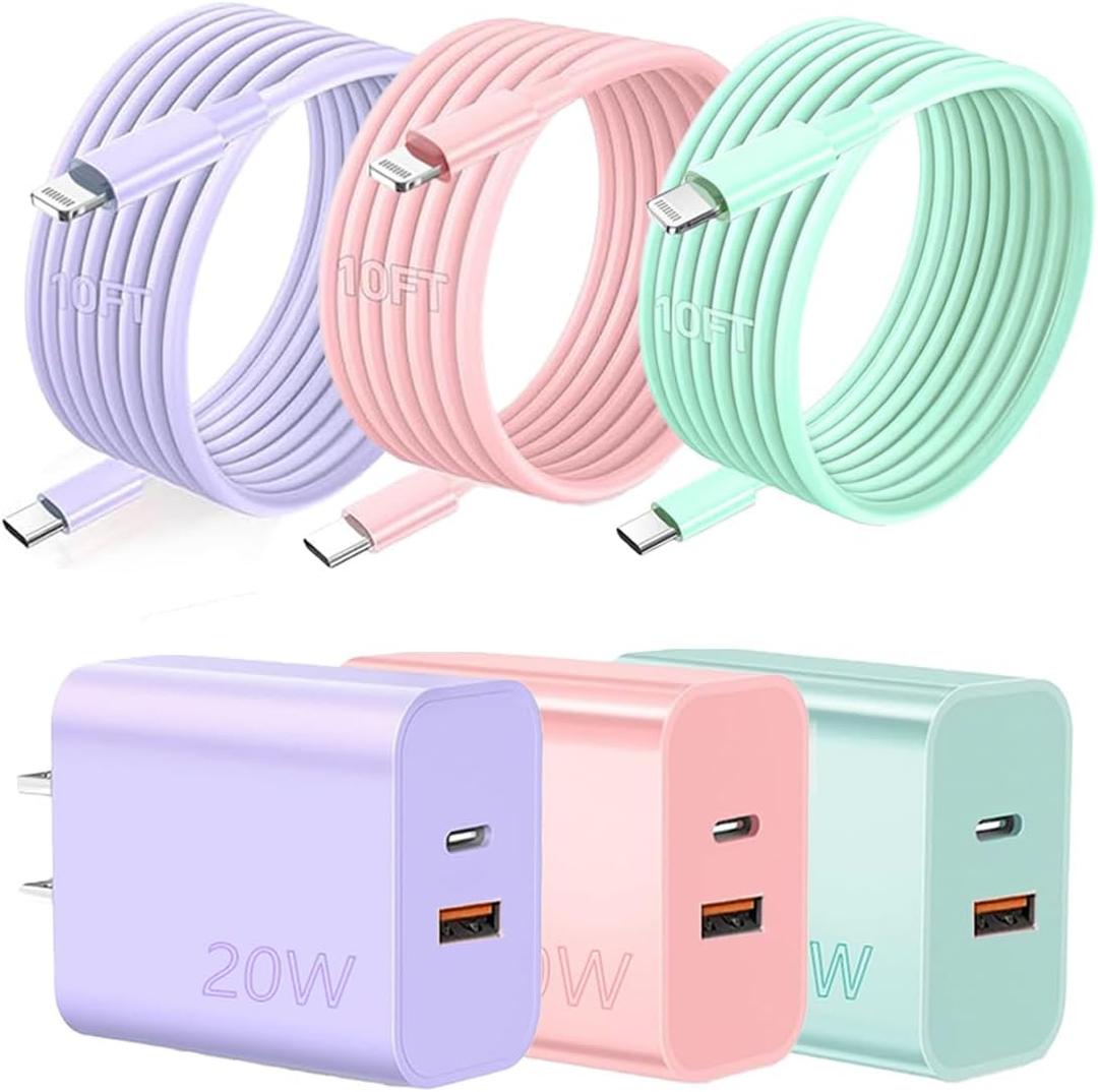[3pcs Set] 20W Durable Dual-Port QC+PD 3.0 Fast Charger, Dual Rapid Power Adapters with 10-Foot USB-C Fast Charging Cable, Compatible with for iPhone 14/13/12/11/Pro/Pro Max/Xs/Xr/X, (3color)