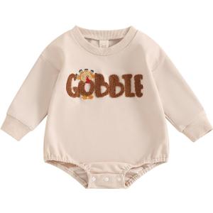 Gueuusu Unisex Baby Boy Girl Thanksgiving Outfit Gobble Turkey Bodysuit Embroidery Long Sleeve Bubble Romper Cute Baby Outfit (Beige)
