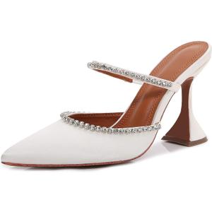 Vertundy Women's Mule Heels Rhinestones Strappy Stiletto Slide Pumps Slip On Sexy High Heels Sandals Closed Pointed Toe Backless Dressy Wedding Party Summer Shoes (6, White)