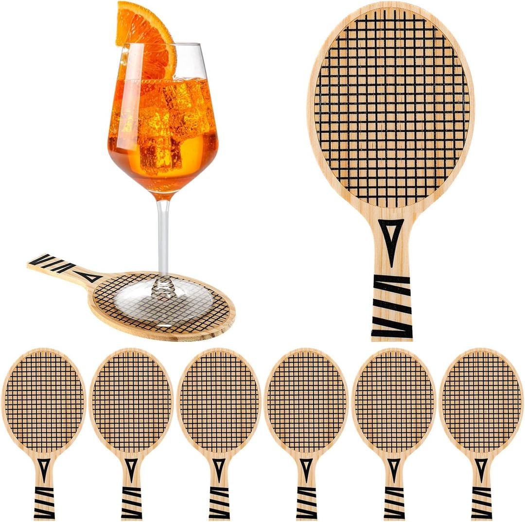Hushee 6 Pack Tennis Drink Coasters Wood Coasters Set Paddle Shape with Handle Funny Gift for Women Men Sports Lovers Fans Tennis Party Favors Decorations Supplies