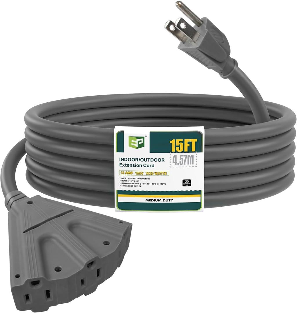 EP 15 Ft Outdoor Extension Cord with 3 Electrical Power Outlets - 16/3 SJTW Grey Cable with 3 Prong Grounded Plug for Safety Great for Christmas Lights, Garden and Major Appliances