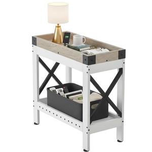 ZEXVIDA Narrow End Table with Charging Station, Modern Farmhouse Side Table with 2 USB Ports & Power Outlets, Slim Industrial Nightstand for Small Spaces, Living Room Sofa & Bedroom, 21.7" L x 10" W