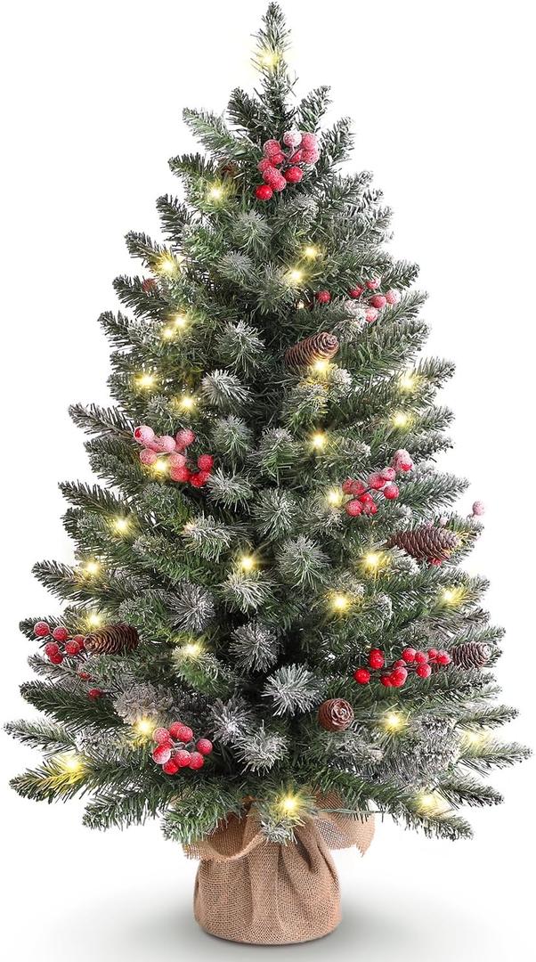 3ft Tabletop Pre-lit Mini Christmas Tree with LED Lights and Pine Cones, Artificial Tree for Table/Desk Decoration