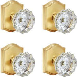 4 Pack Crystal Glass Dummy Door Knob, Single Side Dummy Door Knob Set for Interior Doors, Satin Brass