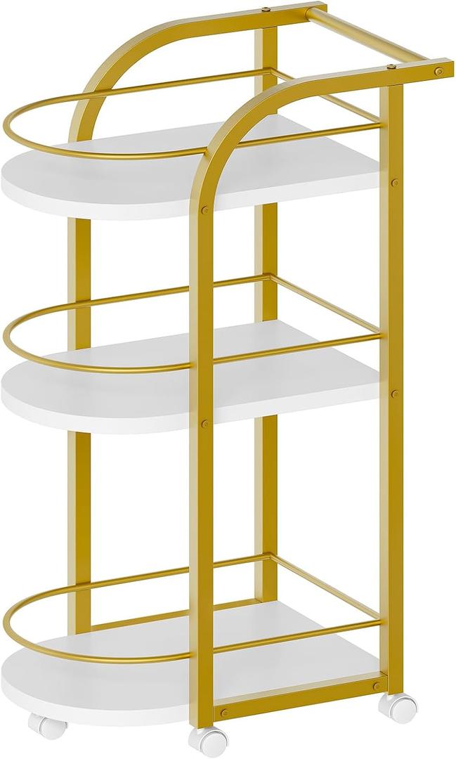 3-Tier Bar Cart, Home Bar Serving Cart with Fence and Wheels, for Dining Room, Living Room, Garden, Party, White and Gold BC06DW (White + Gold)