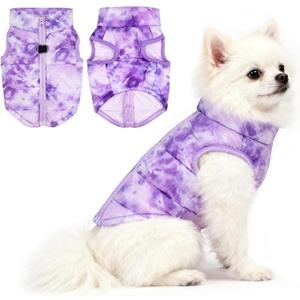 Idepet Pet Dog Cat Coat with Leash Anchor Color Patchwork Padded Puppy Vest Jacket Teddy Chihuahua Costumes Pug Cloth (X-Small,Purple Tie-dye)
