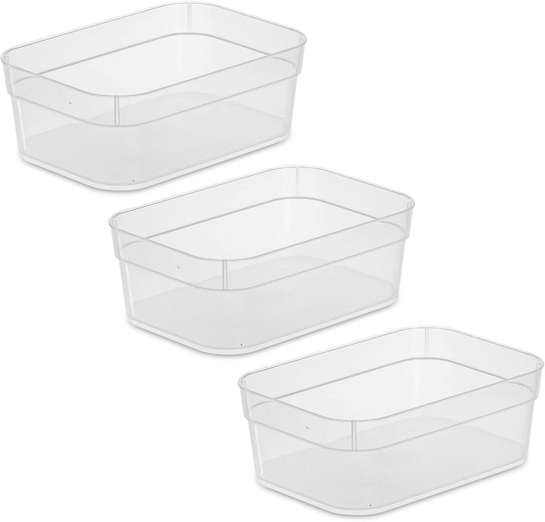 Sterilite 13558608 Medium Storage Trays with Sturdy Banded Rim and Textured Bottom for Desktop and Drawer Organizing, 2-Pack, Clear