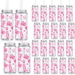 Qinyoung 24 Pcs Western Cowgirl Cowboy Plastic Tumbler 14.2 oz Cowgirl Party Favors Reusable Cups with Lids and Straws Decoration Iced Coffee Cup My First Rodeo Decorations(Classic Style,Rose Red)
