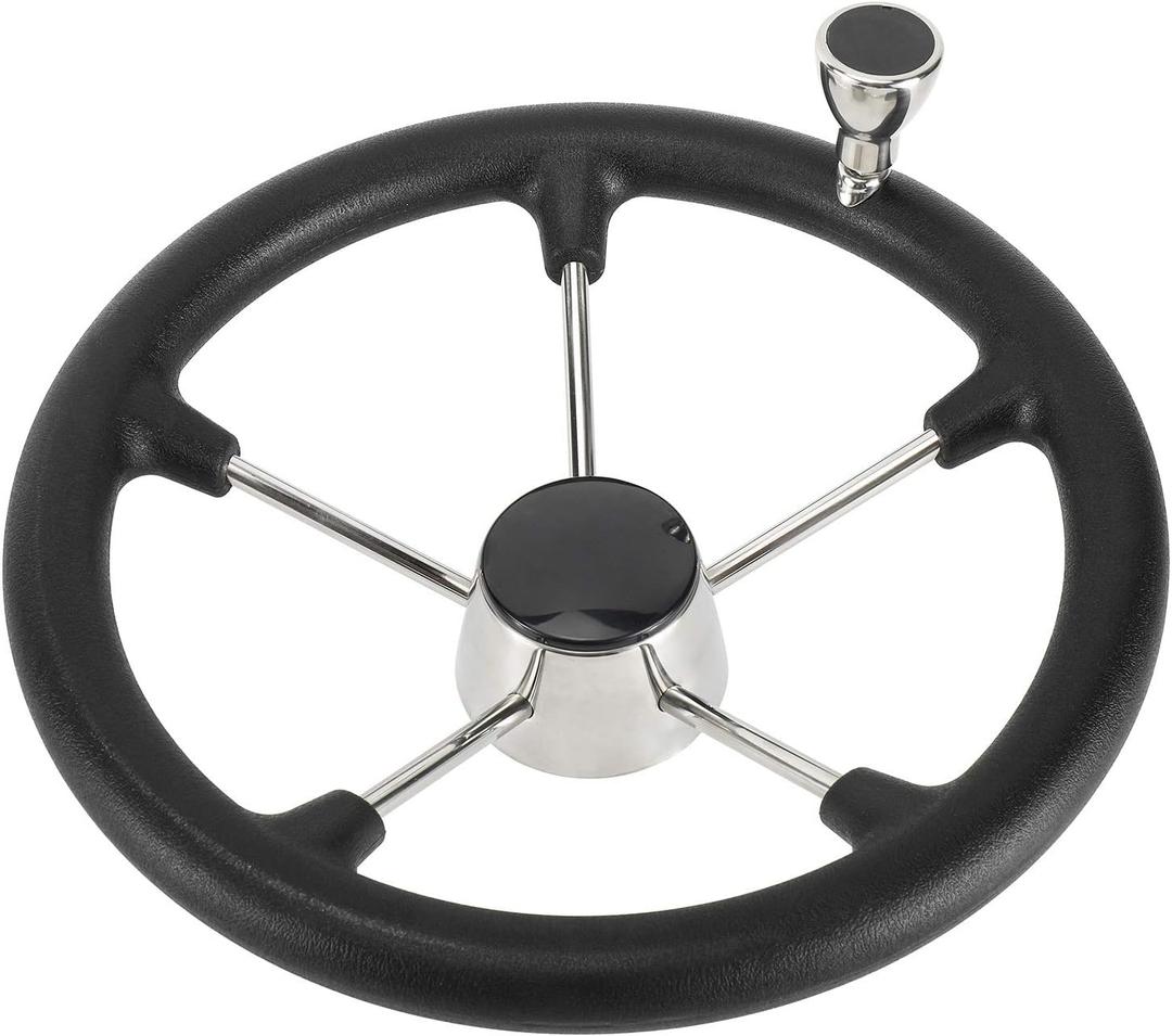 NovelBee 13-1/2 Inch Stainless Steel 5 Spoke Boat Marine Destroyer Steering Wheel with Black PU Foam and Knob