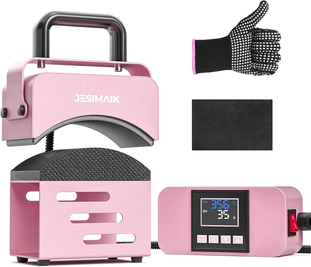 Hat Press, Mini Heat Press Machine for Caps, T-Shirt & More, Curved Heating Plate and Silicone Base, Fast Heating, No Crease, LCD Digital Temperature & Timer Control-Pearl Powder