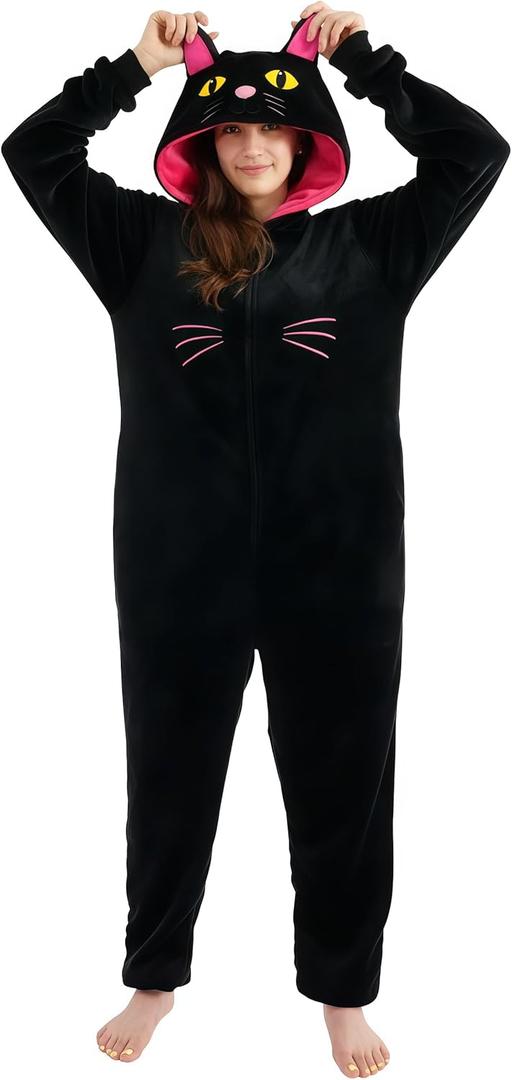 UiopSo Unisex Adult Onesie Pajamas,Flannel Hooded Sleepwear Halloween Costumes Animal Cosplay Homewear (Small, Black Cat)