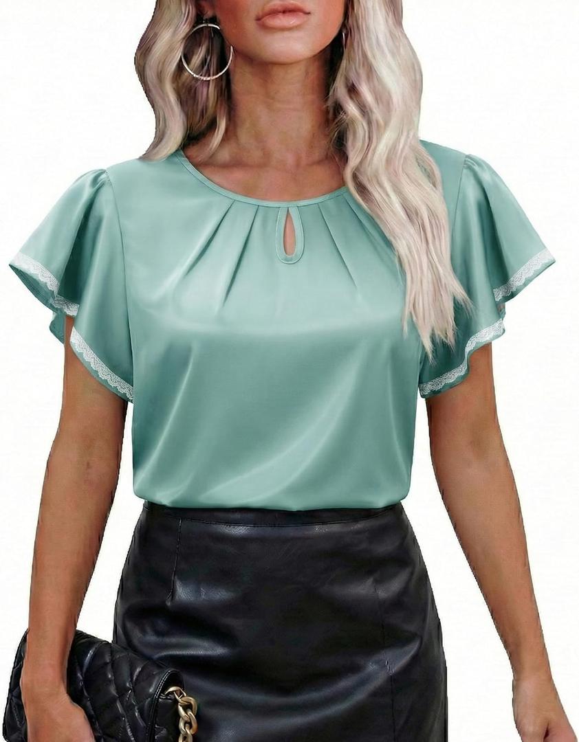 siliteelon Blouses for Women Business Casual Tops for Women Ruffle Short Sleeve Flowy Satin Silk Work Trendy Elegant Summer (Blue, L)