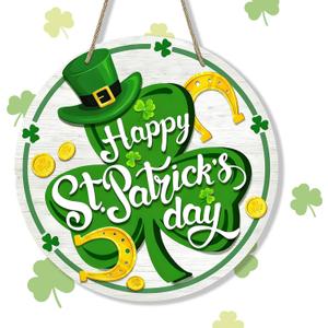 Happy St Patricks Day Door Decor, Green Shamrock Clover Farmhouse Wood Door Hanger, Spring Rustic Wooden Wreath Pediment Plaque Spring Farmhouse Wooden Wreath Indoor Wall Hanging Decoration