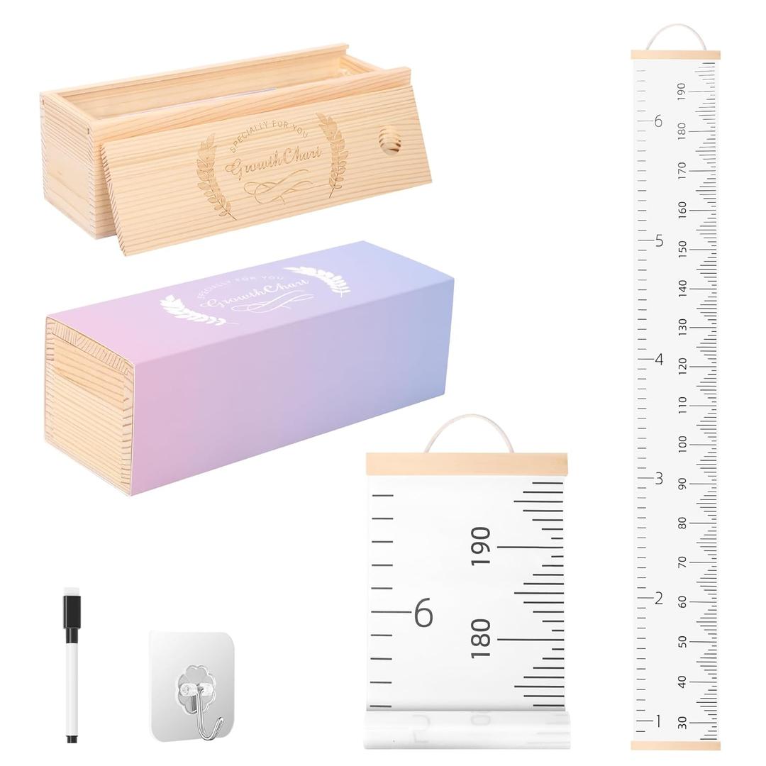 Growth Chart for Wall Height Chart for Kids with Wooden Keepsake Box Kids Height Measurement Canvas Removable Wall Ruler Baby to Child Growth Tracker Neutral Nursery Wall Decor Easy to Install