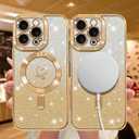 NITITOP Compatible with iPhone 13 Pro Max Case Cute Clear Glitter [Compatible for MagSafe] Plating Heart Sparkle Bling Magnetic Girl Women Electroplated Frame Camera Protection Back Cover - Gold