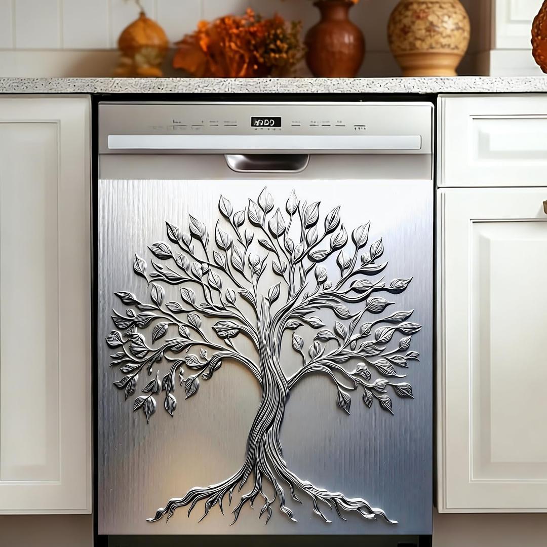 Magnetic Dishwasher Cover 23x26 Inch, PVC Door Panel with Flexible Magnet Backing, Trim to Fit Reusable Skin for Magnetic Fridge, No Adhesive, Silver Tree of Life Brushed Metal Kitchen Decor