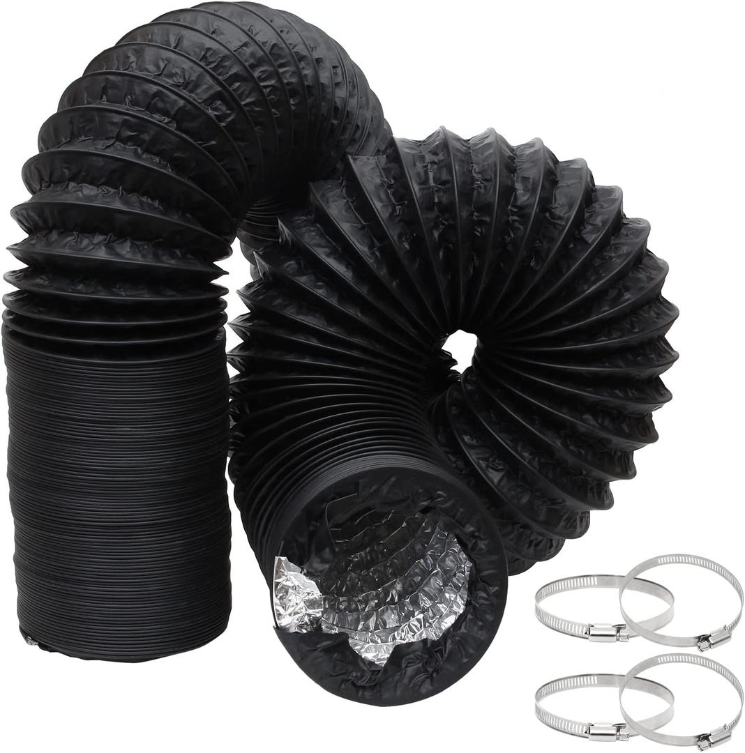 4 Inch Flexible Ducting Hose 16.5 feet, Black Aluminum Ducting Dryer Vent Hose with 2 Screw Clamps for Heating Ventilation Air Conditioning (HVAC), Boat Blower, Exhaust Grow Tents