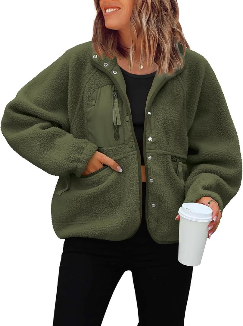 ReachMe Womens Sherpa Jacket Casual Lapel Button Down Cropped Fuzzy Fleece Jackets Long Sleeve Winter Coats with Pockets (Small, Army Green)
