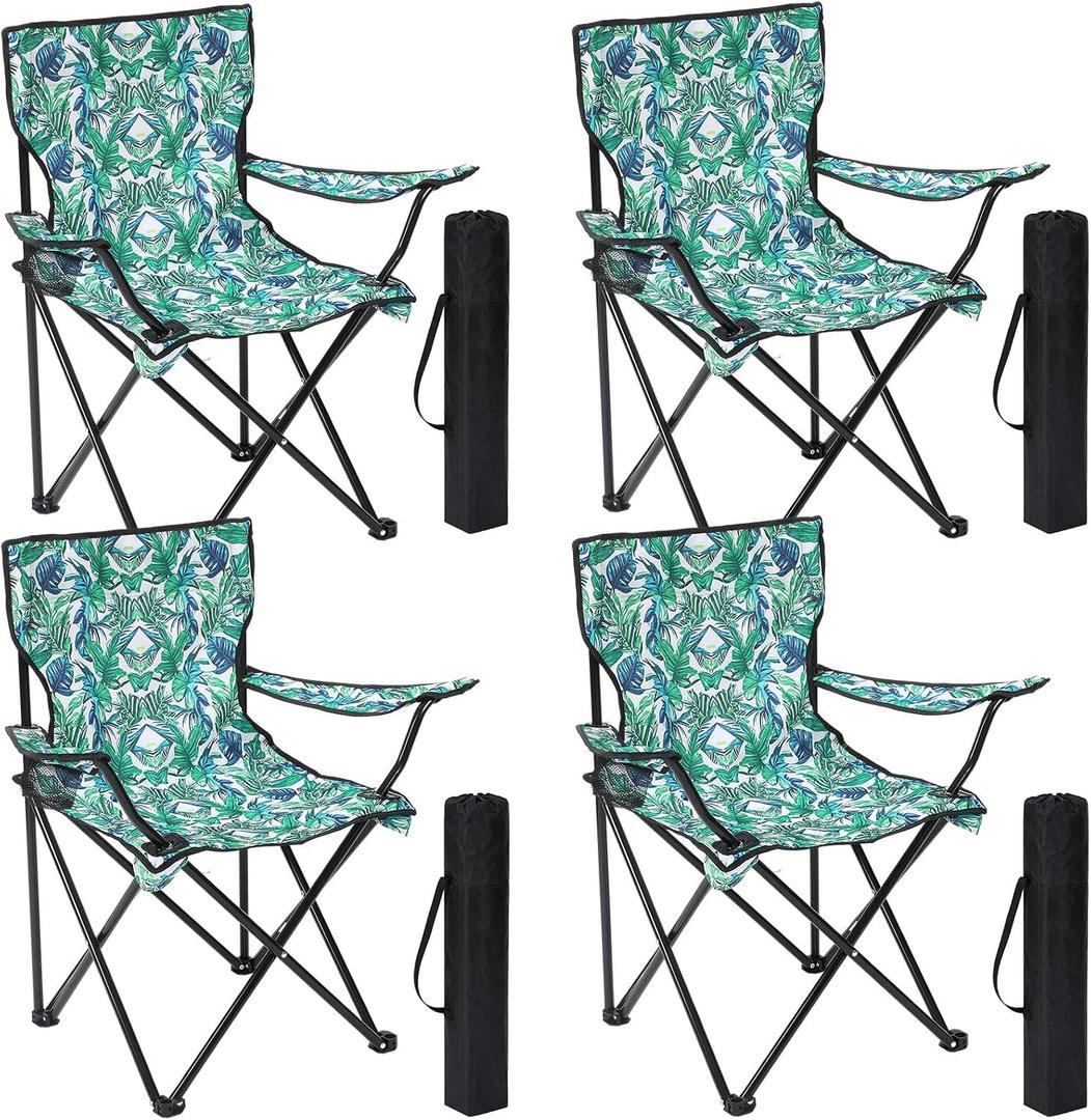 4 Pcs Floral Folding Chairs for Outside, Camping Chairs Set, Portable Lawn Chair with Armrests & Carry Bags, Outdoor Travel Lightweight Folding Chair for Picnic & Beach(Tropical Green), 19.7 x 19.7 x 31.5 inches