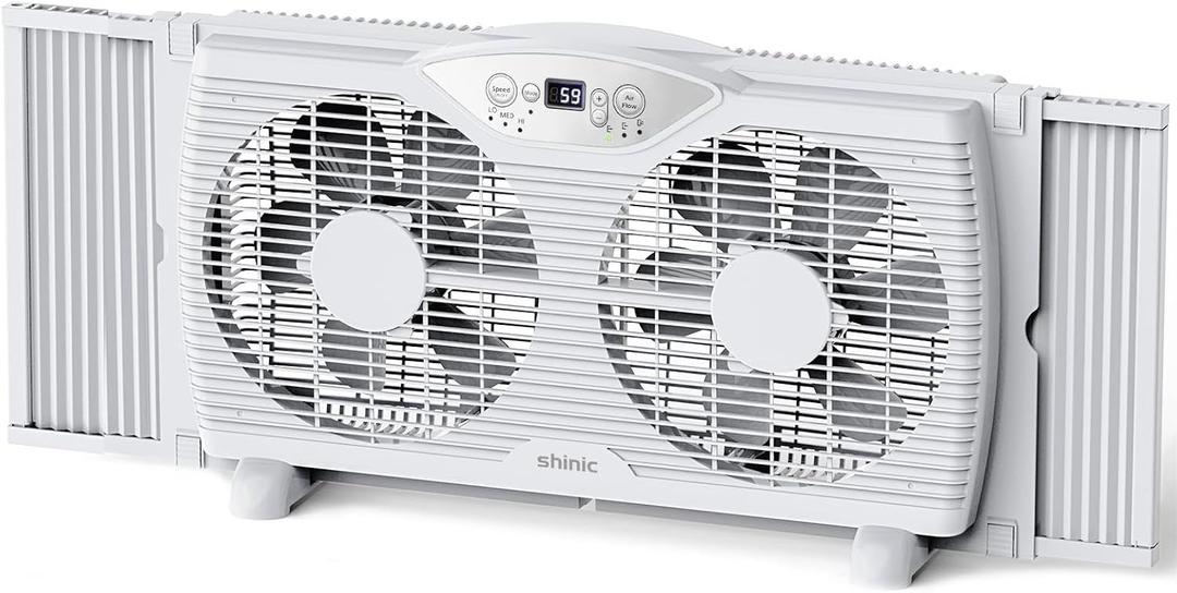 Shinic Twin Window Fan, 9-Inch Blades Reversible Airflow, Thermostat Control, 3 Speeds, 3 Functions, 23.8"-37" Expandable Width, Window Exchaust Fans for Home Bedroom, ETL Certified