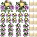 Yunlly Artificial Rose Candle Rings Wreaths 3 Inch Wedding Centerpiece LED Flameless Candles Eucalyptus Rings for Centerpiece for Tables Party Valentine Mother's Day Decoration (Purple,12 Pcs)