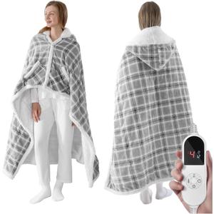 Wearable Electric Blanket Heated Throw, 50" x 60" Fast Heating Wrap Poncho Shawl with Hood & Pockets, 6 Heat Levels & 12 Hours Auto Shut-Off, Machine Washable, ETL & FCC Certified, Grey Plaid