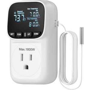 DEWENWILS Digital Temperature Controller, Heavy Duty 15A/1800W Thermostat Outlet Plug, VA Display Heating Cooling Control Timer, -40~210, Cyclic Timing/Countdown, for Greenhouse Incubator Homebrew (White)