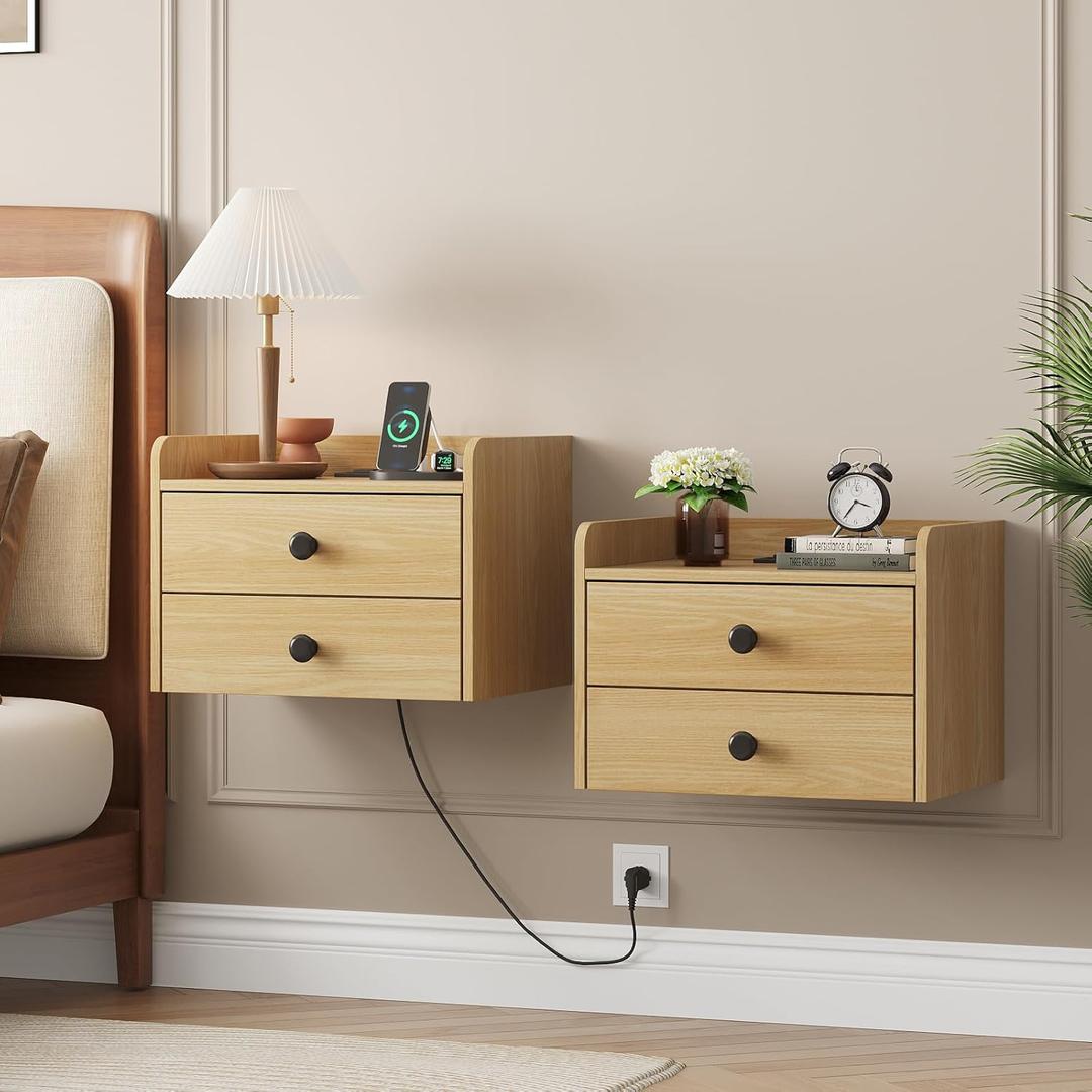 Floating Nightstand Set of 2 with 2 Storage Drawers and Charging Station Wood Wall Mounted Bedside End Table Modern Night Stands Set 2 for Bedroom,Small Space,Natural