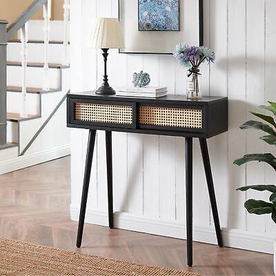 Hotraffy Rattan Console Table, Boho Entryway Tables, Vanity Desk, Rattan Dresser, Farmhouse Wood Sofa Table Behind The Couch, Modern Narrow Side Table for Hallway, Living Room, Foyer, 31", Black