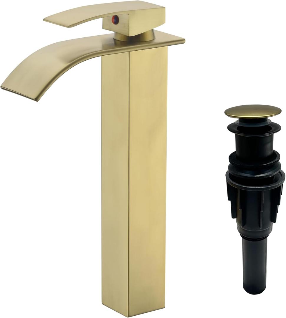 Tall Bathroom Vessel Faucet Champagne Brushed Gold, Waterfall Tall Gold Bathroom Faucet Single Handle 1 Hole Lavatory Sink Bowl Mixer Tap with Sink Drain