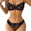 Lilosy Sexy Floral Embroidered Flower Mesh Underwire Push Up Lingerie Set (Black, L)