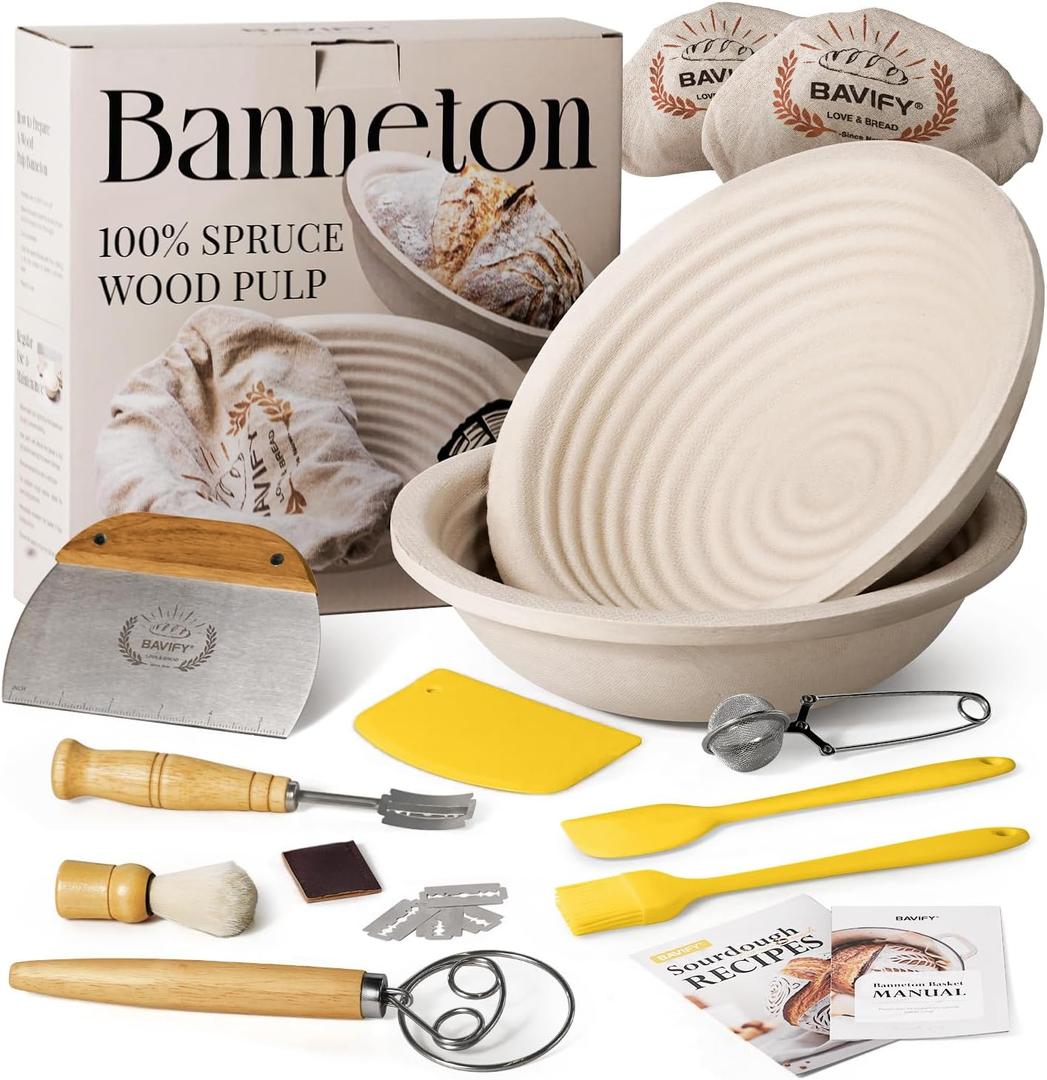 Sourdough Starter Kit, 9" Round 1KG Wood Pulp Banneton Bread Proofing Baskets Set, Sourdough Bread Baking Supplies Making Tools with Dough Scraper, Whisk, Bread Lame, Recipe