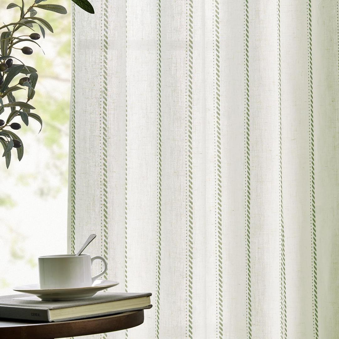 jinchan Linen Blend Curtains 84 Inches Long Sage Green Striped Curtains for Living Room Farmhouse French Country Light Filtering Drapes for Bedroom 2 Panel Sets (50"W x 84"L (Pack of 2))