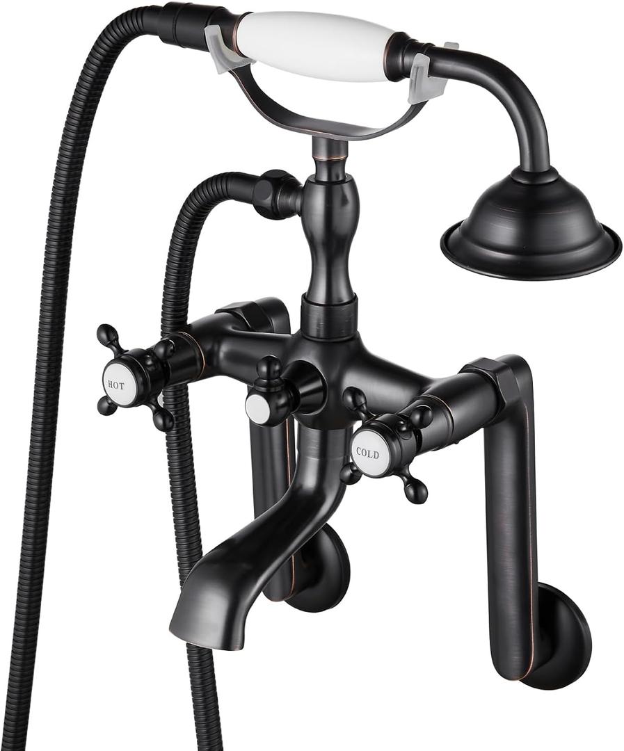 gotonovo Clawfoot Bathtub Faucet Tub Filler with Hand Held Shower Faucet Set Victorian Double Cross Handle 6 Inch Center Adjustable Swing Arms Tub Mount Long Adapter Oil Rubbed Bronze